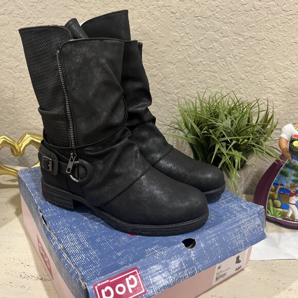 JELLYPOP Hailey KETO MOTO BLACK MOTORCYCLE Hailey MIDCALF BIKER BOOTS 9.5M Women - Picture 1 of 14